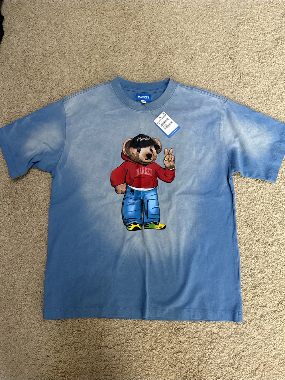 Market Fit Check Bear Blue Tee with Bear in Red Hoodie Graphic